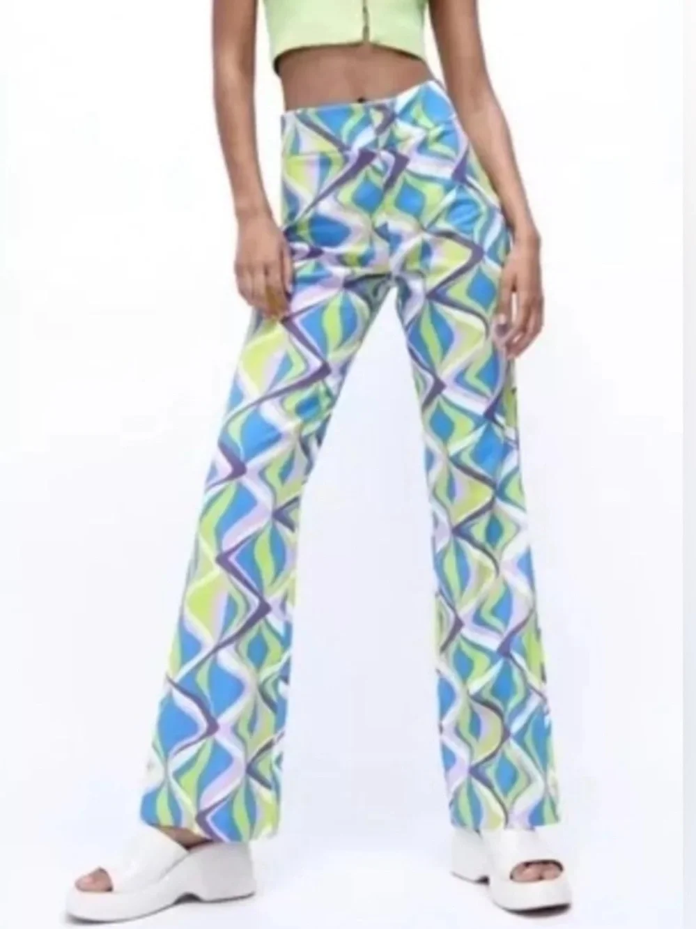ZARA Linen Blend Printed High Rise Flare Leg Pants Multicolor Size XS